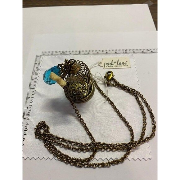 Parklane Birdcage Necklace 30" Long with Turquoise Blue Crystal and White Flower - Picture 2 of 7